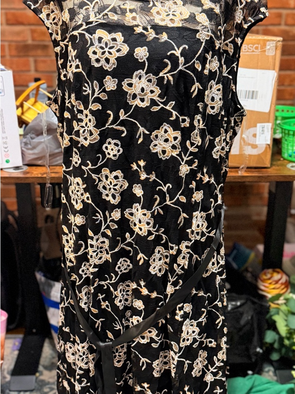 Carole Little Black Midi Dress with Cream Floral Embroidery